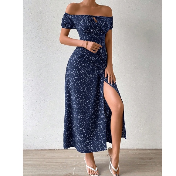 Navy Blue Polka Dot Off Shoulder split thigh Maxi Dress - Picture 2 of 4